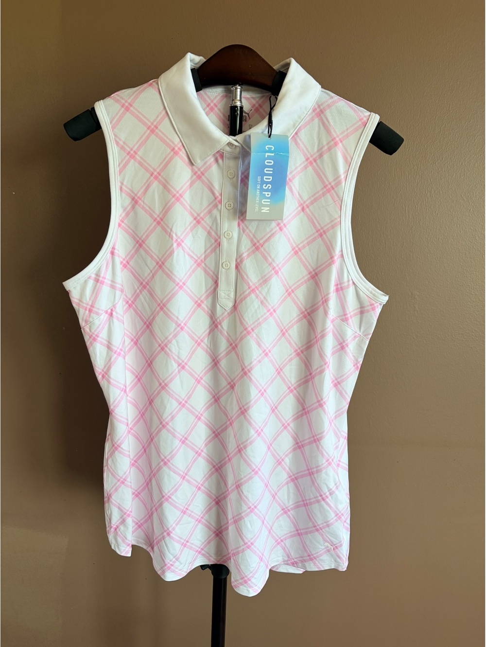 Puma Cloudspun Women's Golf Polo medium White Pink Plaid Sleeveless NWT